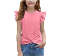 duxyoz Summer T Shirts for Girls Kids Ruffle Sleeve Casual Tops Twist Front Solid Color Round Neck Tee Shirt Fashion Trendy Loose Tunic Elegant Leisure A-Line Blouse Children's Clothing 12-13 Years