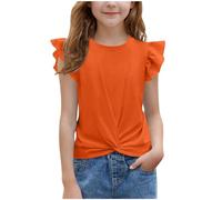 duxyoz Summer T Shirts for Girls Kids Ruffle Sleeve Casual Tops Twist Front Solid Color Round Neck Tee Shirt Fashion Trendy Loose Tunic Elegant Leisure A-Line Blouse Children's Clothing 11-12 Years