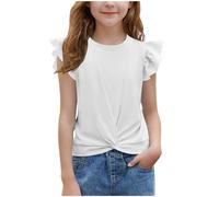 duxyoz Summer T Shirts for Girls Kids Ruffle Sleeve Casual Tops Twist Front Solid Color Round Neck Tee Shirt Fashion Trendy Loose Tunic Elegant Leisure A-Line Blouse Children's Clothing 12-13 Years
