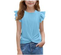 duxyoz Summer T Shirts for Girls Kids Ruffle Sleeve Casual Tops Twist Front Solid Color Round Neck Tee Shirt Fashion Trendy Loose Tunic Elegant Leisure A-Line Blouse Children's Clothing 12-13 Years