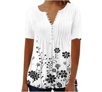 duxyoz Summer T Shirts for Women UK Plus Size Short Sleeve Tunic Tops Loose Fit Tshirts for Ladies Henley Shirt Button Up V Neck Trendy Dressy Blouse Longline Flowy Pleated Elegant Going Out Tee