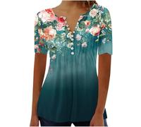 duxyoz Summer T Shirts for Women UK Plus Size Short Sleeve Tunic Tops Loose Fit Tshirts for Ladies Henley Shirt Button Up V Neck Trendy Dressy Blouse Longline Flowy Pleated Elegant Going Out Tee
