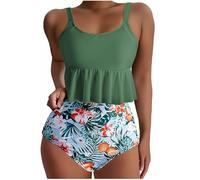 duxyoz Tankini Sets for Women UK Modest 2 Pieces Swimsuit Ruffle Bikinis Tops with Shorts Two Piece Swimwear Ladies Swimming Costume Flora Print Bathing Suit Monokini Beachwear Set Green M