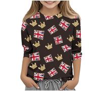 duxyoz Union Jack Shirt for Girls 3/4 Sleeve Teens Tops Casual Loose British Flag Print Fashion Tee Shirt Vintage Retro Round Neck Tshirt Sweatshirts Soft Breathable Summer Pullover Tops 5-6 Years