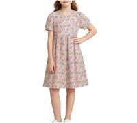 duxyoz White Girls' Dresses Short Sleeve Casual A-Line Summer Dress Flor Printed Cute Boho Holiday Dresses Loose Fit Round Neck Flowy Dress Cotton Lightweight Breathable Daily Sundress 11-12 Years
