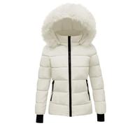 duxyoz Winter Coats for Girls UK - Hooded,Warm,Padded,Quilted,Lightweight,Casual Fitted Overcome Puffer Jacket with Faux Fur Hood Beige 9-10 Years