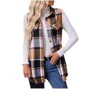 duxyoz Winter Jackets For Women Casual Lapel Open Front Plaid Vest Cardigan Coat Sleeveless Button Down Checked Gilet Warm Longline Elegant Shacket Coat Classic Vintage Long Plaid 01Khaki XXL