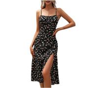 duxyoz Women Dresses Summer Sleeveless Split Midi Dress Boho Casual Beach Dress Elegant Wrap Maxi Dress Spaghetti Strap Long Dress Ladies Sexy Flora Printed Square Neck Milkmaid Sundress