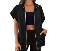 duxyoz Women Hoodie Zip Up Short Sleeve Jacket Casual Sweatshirt Loose Drawstring Jacket Coat Hoodie Short Tops Solid Colours Short Sweatshirt Jacket Summer Fall Fashion Hoodie 01 Black XL