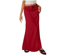 duxyoz Women Linen Maxi Skirt Summer Casual A Line Skirts Low-Rise Elastic Drawstring Long Skirt Solid Color Flowy Elegant Dressy Loose Holiday Boho Beach Skirts Floor Length Cover Ups Red
