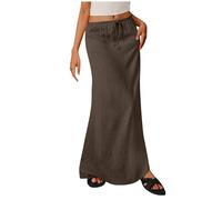 duxyoz Women Linen Maxi Skirt Summer Casual A Line Skirts Low-Rise Elastic Drawstring Long Skirt Solid Color Flowy Elegant Dressy Loose Holiday Boho Beach Skirts Floor Length Cover Ups Coffee