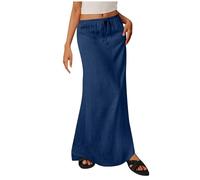duxyoz Women Linen Maxi Skirt Summer Casual A Line Skirts Low-Rise Elastic Drawstring Long Skirt Solid Color Flowy Elegant Dressy Loose Holiday Boho Beach Skirts Floor Length Cover Ups Navy