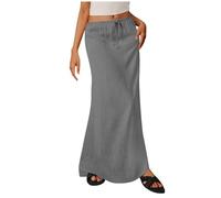 duxyoz Women Linen Maxi Skirt Summer Casual A Line Skirts Low-Rise Elastic Drawstring Long Skirt Solid Color Flowy Elegant Dressy Loose Holiday Boho Beach Skirts Floor Length Cover Ups Gray