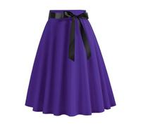 duxyoz Women Midi Skirt Vintage A-Line Retro High Waisted Party Skirt Lace Up 50s Hepburn Style Flared Rockabilly Swing Dresses Ladies Knee Length Pleated Skater Solid Color Half Dress Purple L
