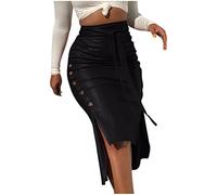 duxyoz Women’S High Waisted Faux Leather Midi Skirt Ladies Wrap Pencil Skirt Knee Length Slit Side Button Bodycon Elegant Casual Vintage Formal Dresses for Work Office Clubwear 01 Black L