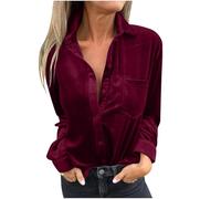 duxyoz Women Velvet Shirts Retro Long Sleeve Button Down Shirt Top Elegant Office Work Business Formal Shirts Loose Fit V Neck Sexy Casual Blouse Solid Color Casual T Shirt Tops Tunic 01 Red 3XL