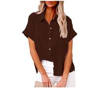 duxyoz Womens Blouse Summer Linen Shirts Short Sleeve Casual T Shirt Loose Fit Plus Size Tops Solid Color Lightweight Tee Shirts Elegant Dressy Tunic Shirt Lapel V Neck Office Tops Brown 3XL