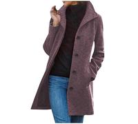 duxyoz Women'S Coats Single Breasted Buttons Wool Blend Coat Lapel Collar Winter Pea Coat Mid Length Overcoat Elegant Trench Solid Warm Outerwear Stand Collar Long Wool Jacket Purple S