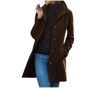 duxyoz Women'S Coats Single Breasted Buttons Wool Blend Coat Lapel Collar Winter Pea Coat Mid Length Overcoat Elegant Trench Solid Warm Outerwear Stand Collar Long Wool Jacket Brown S