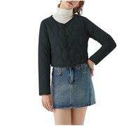 duxyoz Womens Cropped Quilted Jacket Lightweight Windproof Puffer Jacket Plain Warm Winter Coat Long Sleeve Padded Cotton Parka Quilted Coat Outdoor Short Outerwear Overcoat 01 Black L