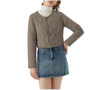 duxyoz Womens Cropped Quilted Jacket Lightweight Windproof Puffer Jacket Plain Warm Winter Coat Long Sleeve Padded Cotton Parka Quilted Coat Outdoor Short Outerwear Overcoat 01 Khaki M