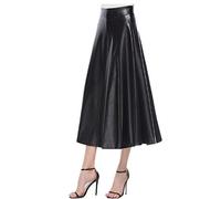 duxyoz Women's Faux Leather Skirt High Waisted Pleated A-Line Midi Skirts Flared Skater Vintage Elegant Skirt Black Long Maxi Swing Summer Dress for Work Office Bussiness 01 Black S