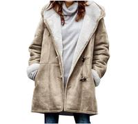 duxyoz Womens Fleece Jacket Suede Winter Coat Plush Warm Fleece Lined Coat Faux Suede Shearling Thicken Thermal Long Hoodies Elegant Overcoat Long Sleeve Sheepskin 05 Khaki S