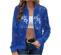 duxyoz Womens Jacket Coats Elegantes Long Sleeve Crew Neck Casual Jacket Zip Up Mesh Sheer Lace Bomber Lightweight Shawl Shrug Vintage Loose Tops Outwear Cardigan 01 Blue L