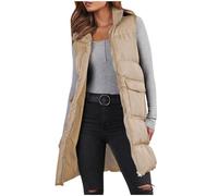 duxyoz Women'S Long Gilets Lightweight Puffer Vest Zipper Sleeveless Padded Quilted Jacket Winter Warm Solid Color Vest Coats Outdoor Windproof Gilet Coat Longline Casual Bodywarmer Jacket 01 Beige
