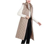 duxyoz Women'S Long Quilted Gilet Zip Up Longline Sleeveless Thick Hooded Puffer Jacket Vest Stand Collar Lightweight Padded Waistcoat Outdoor Gilet Ladies Long Coat Parkas Outwear 01 Khaki