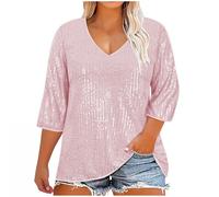 duxyoz Women's Plus Size Sequined Tops Glitter 3/4 Sleeve Shirts Fully Body Sparking V Neck Blouses Sparkly Casual T-Shirt Loose Fit Dressy Blouse Nights Out Wear T-Shirt Size 24 A Pink