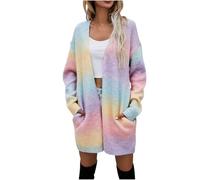 duxyoz Women'S Rainbow Cardigan Sweater Baggy Solid Colour Knitted Cardigans Multicolor Striped Casual Long Knitwear Colorful Long Sleeves Open Front Elegant Cardigan Striped Sweater Coat Pink XL