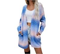 duxyoz Women'S Rainbow Cardigan Sweater Baggy Solid Colour Knitted Cardigans Multicolor Striped Casual Long Knitwear Colorful Long Sleeves Open Front Elegant Cardigan Striped Sweater Coat Blue XXL