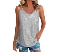 duxyoz Womens Sequin Tank Tops Glitter Party Strappy Shimmer Vest Tops Sleeveless Sparkle Camisole Sparkly Club Party Wear Camisole Vest Silver XXL