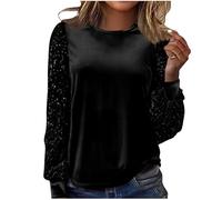duxyoz Women's Sparkly Tops Sequin Velvet Tops Patchwork Glitter Party Blouse Long Sleeve Round Neck Elegant Dressy Blouse Sparkle Shiny Holiday Casual Shirts Going Out Tunic Tee Top M A Black
