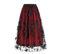 duxyoz Women's Tulle Skirt Flowers Embroidery High Waist Tiered Mesh Ballet Prom Party Tulle Dresses Elegant Casual Summer A-Line Vintage Overlay Flare Midi Skirt 02 Wine L