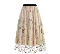 duxyoz Women's Tulle Skirt Flowers Embroidery High Waist Tiered Mesh Ballet Prom Party Tulle Dresses Elegant Casual Summer A-Line Vintage Overlay Flare Midi Skirt 01 Beige M