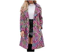 duxyoz Womens Winter Coats Casual Lapel Faux Fur Jacket Leopard Print Furry Long Coat Plus Size Long Sleeve Warm Coat Elegant Open Front Cardigan Fluffy Faux Fur Coat Overcoat Outwear Hot Pink M
