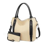 Duyijiff Checkered Tote Bag Large Checkered Purses for Women Plaid Hobo Shoulder Bag Multiple Pockets Tote Handbags, E02-black Straw, 43x32.5x16cm/16.92x12.79x6.29inch