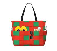 DUYKIMQW Grid Red Green Print Large Capacity Beach Travel Bag with Zipper for Swim Pool Gym Camping Grocery