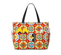 DUYKIMQW Spanish Tile Pattern Print Large Capacity Beach Travel Bag with Zipper for Swim Pool Gym Camping Grocery