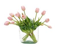 DUYONE 15pcs Artificial Tulips Flowers, Real Touch Latex Bouquet, Fake Tulips for Office Wedding Party Home Kitchen Garden Decoration(Light Pink,15pcs)