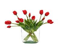 DUYONE 15pcs Artificial Tulips Flowers, Real Touch Latex Bouquet, Fake Tulips for Office Wedding Party Home Kitchen Garden Decoration(Red,15pcs)