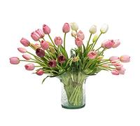DUYONE 40pcs Artificial Tulips Flowers Real Touch Fake Latex Bouquet for Wedding Party Office Home Kitchen Decoration(Light Purple Suit 40pcs)