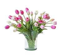 DUYONE 40pcs Artificial Tulips Flowers, Real Touch Latex Bouquet, Fake Tulips for Office Wedding Party Home Kitchen Garden Decoration-B Coral Pink