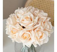 DUYONE Artificial Roses Single Stem 10pcs Fake Silk Flower Arrangement Bouquet Real Touch for Home Party Wedding Decoration(Champagne)