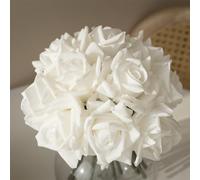 DUYONE Artificial Roses Single Stem 10pcs Fake Silk Flower Arrangement Bouquet Real Touch for Home Party Wedding Decoration(White)