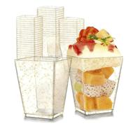 Duzapku Dessert Cups, 30 Pcs 5oz/150ml Square Cheesecake Pots with Gold Glitter, Reusable Hard Plastic Dessert Bowls for Puddings Tiramisu Mousses Parfaits Trifles Party