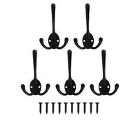 DUZEPA 5PCS Black Wall Hooks, Retro Heavy Duty Triple Hooks for Coat Jacket Hat Bag Robe Towel Scarf Keys Cup