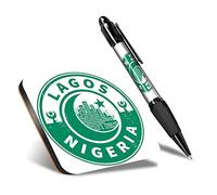 DV DESIGN 1 x Eco Square Coaster & 1 Pen Set - Nigeria Lagos Green Moon Star Travel Drink Cup Mug Glass Table Protection Mat #7436